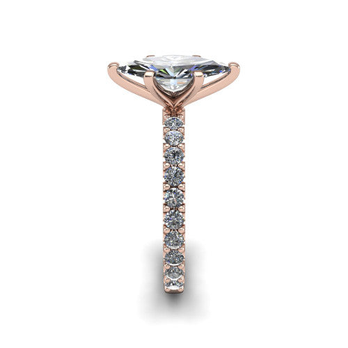 Elizabeth marquise solitaire engagement ring in 14K Rose Gold, side profile showing the pave diamonds running continuously around the shank