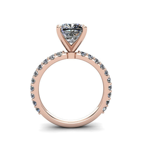 Elizabeth cushion solitaire engagement ring in 14K Rose Gold, through-finger front profile showing the open under-gallery and pave eternity band