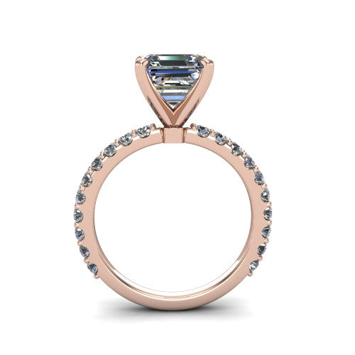 Elizabeth square emerald solitaire engagement ring in 14K Rose Gold, through-finger front profile showing the open under-gallery and pave eternity band