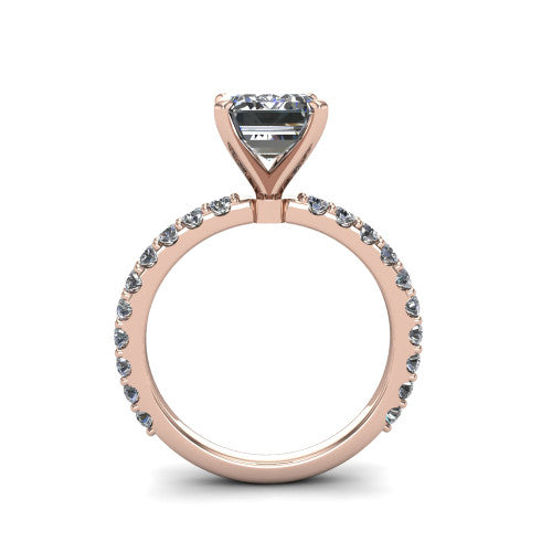 Elizabeth emerald solitaire engagement ring in 14K Rose Gold, through-finger front profile showing the open under-gallery and pave eternity band