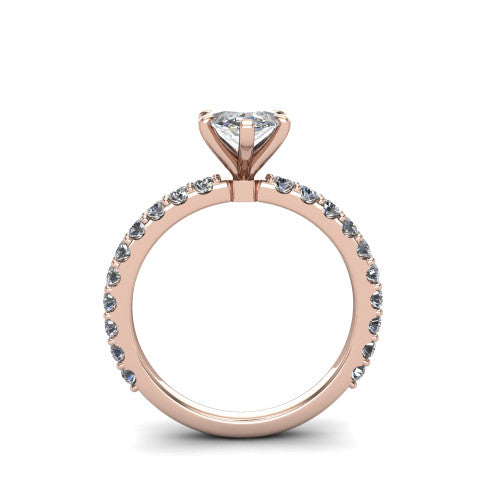 Elizabeth marquise solitaire engagement ring in 14K Rose Gold, through-finger front profile showing the open under-gallery and pave eternity band