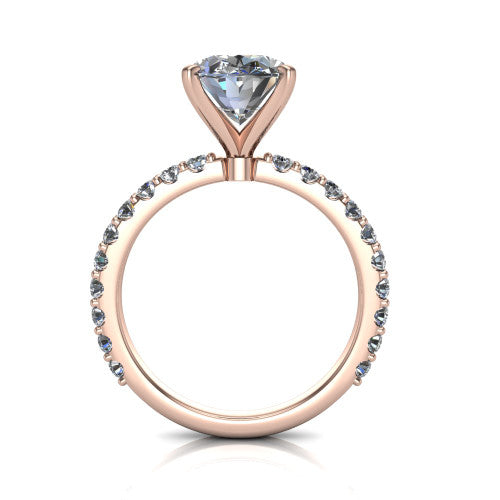 Elizabeth oval solitaire engagement ring in 14K Rose Gold, through-finger front profile showing the open under-gallery and pave eternity band