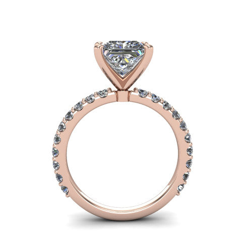 Elizabeth princess solitaire engagement ring in 14K Rose Gold, through-finger front profile showing the open under-gallery and pave eternity band