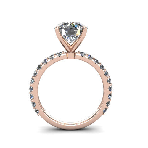 Elizabeth round solitaire engagement ring in 14K Rose Gold, through-finger front profile showing the open under-gallery and pave eternity band