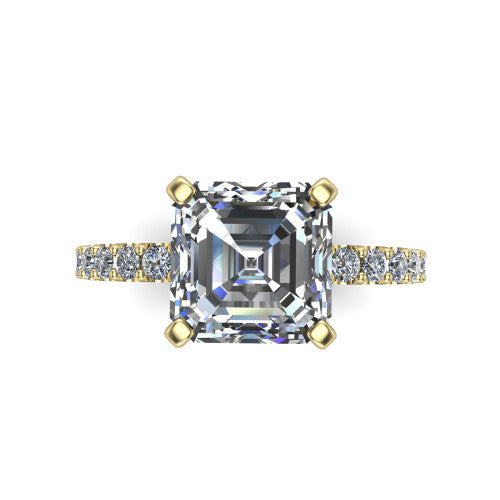 Elizabeth square emerald solitaire engagement ring in 14K Yellow Gold, top-down view showing the step-cut square emerald center diamond held by four prongs above the pave band