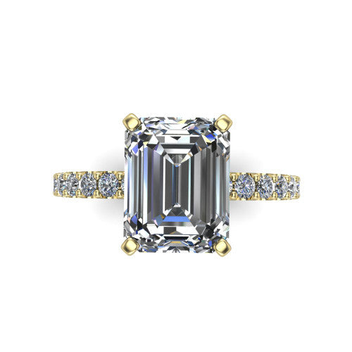 Elizabeth emerald solitaire engagement ring in 14K Yellow Gold, top-down view showing the step-cut emerald center diamond held by four prongs above the pave band