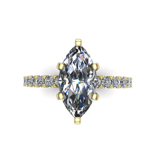 Elizabeth marquise solitaire engagement ring in 18K Yellow Gold, top-down view showing the brilliant marquise center diamond held by four prongs above the pave band