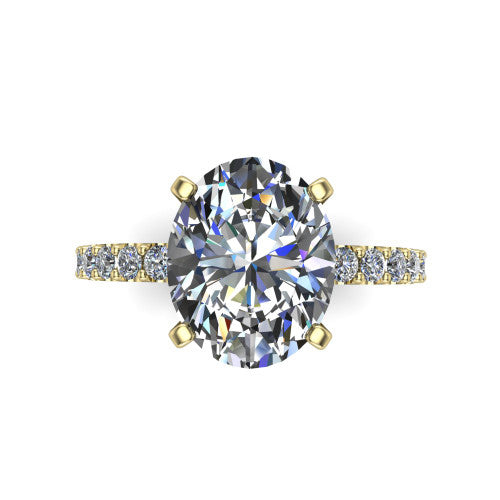 Elizabeth oval solitaire engagement ring in 14K Yellow Gold, top-down view showing the brilliant oval center diamond held by four prongs above the pave band