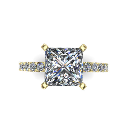 Elizabeth princess solitaire engagement ring in 14K Yellow Gold, top-down view showing the brilliant princess-cut center diamond held by four prongs above the pave band