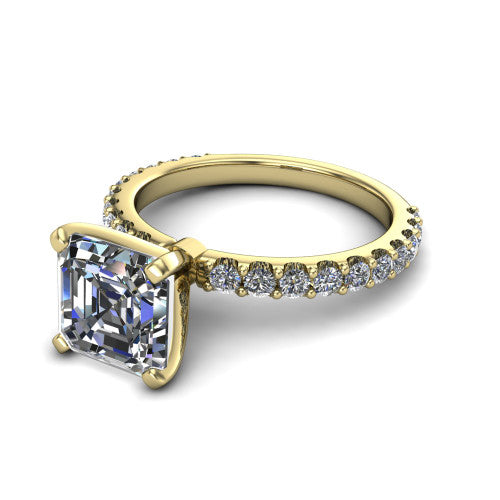 Elizabeth square emerald solitaire engagement ring in 18K Yellow Gold, three-quarter perspective showing the step-cut square emerald center diamond on a French-pave eternity diamond band