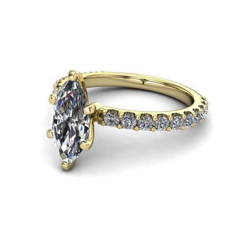 Elizabeth marquise solitaire engagement ring in 14K Yellow Gold, three-quarter perspective showing the brilliant marquise center diamond on a French-pave eternity diamond band