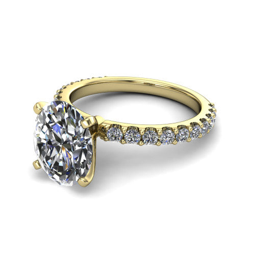 Elizabeth oval solitaire engagement ring in 14K Yellow Gold, three-quarter perspective showing the brilliant oval center diamond on a French-pave eternity diamond band