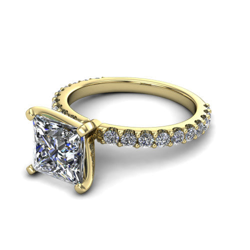 Elizabeth princess solitaire engagement ring in 14K Yellow Gold, three-quarter perspective showing the brilliant princess-cut center diamond on a French-pave eternity diamond band
