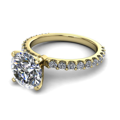 Elizabeth round solitaire engagement ring in 18K Yellow Gold, three-quarter perspective showing the brilliant round center diamond on a French-pave eternity diamond band