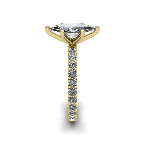 Elizabeth marquise solitaire engagement ring in 14K Yellow Gold, side profile showing the pave diamonds running continuously around the shank