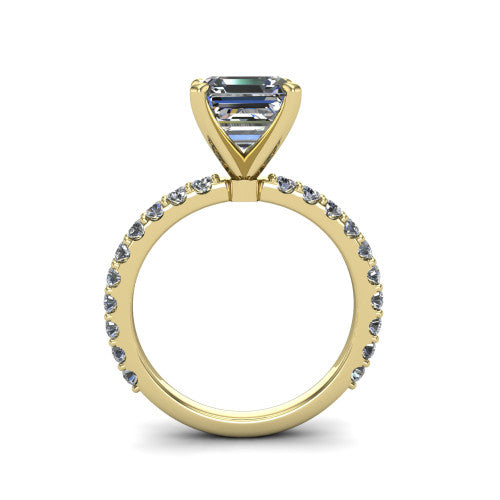 Elizabeth square emerald solitaire engagement ring in 14K Yellow Gold, through-finger front profile showing the open under-gallery and pave eternity band