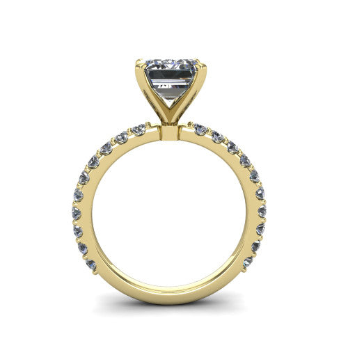 Elizabeth emerald solitaire engagement ring in 14K Yellow Gold, through-finger front profile showing the open under-gallery and pave eternity band