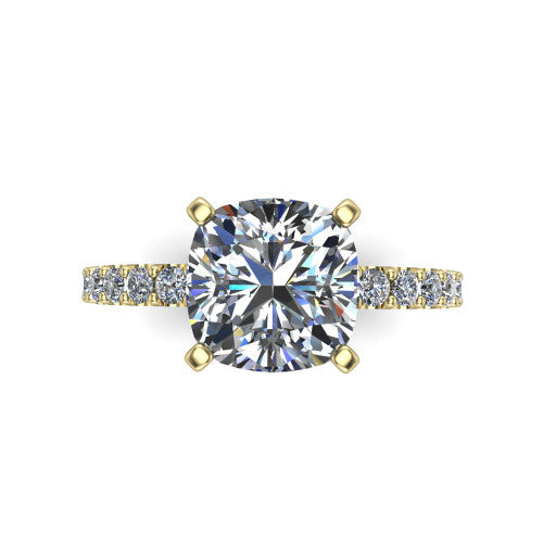 Elizabeth cushion solitaire engagement ring in 18K Yellow Gold, top-down view showing the brilliant cushion-cut center diamond held by four prongs above the pave band