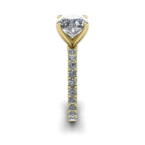 Elizabeth cushion solitaire engagement ring in 14K Yellow Gold, side profile showing the pave diamonds running continuously around the shank