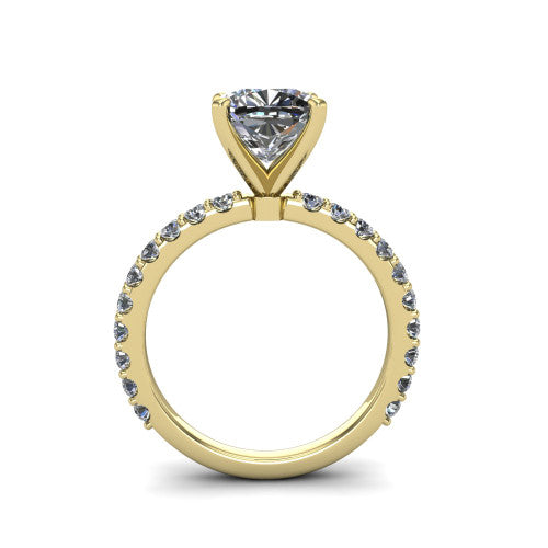 Elizabeth cushion solitaire engagement ring in 18K Yellow Gold, through-finger front profile showing the open under-gallery and pave eternity band