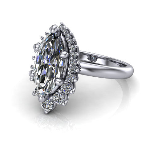 Matilda marquise halo engagement ring in Platinum, three-quarter perspective showing the brilliant marquise center diamond inside a sunburst halo of pointed rays with round accent diamonds clustered between them