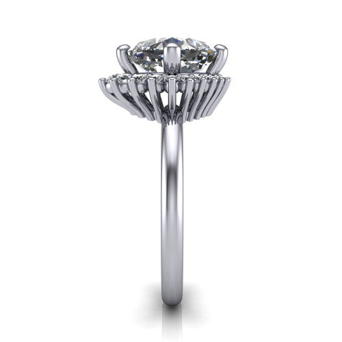 Matilda cushion halo engagement ring in 18K White Gold, side profile showing the fluted crown basket, sunburst halo, and slim polished band
