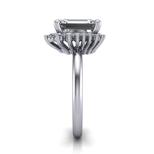 Matilda emerald halo engagement ring in 14K White Gold, side profile showing the fluted crown basket, sunburst halo, and slim polished band