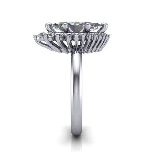 Matilda marquise halo engagement ring in Platinum, side profile showing the fluted crown basket, sunburst halo, and slim polished band