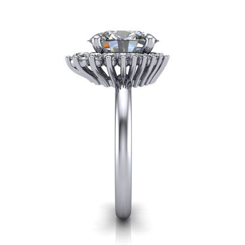 Matilda oval halo engagement ring in Platinum, side profile showing the fluted crown basket, sunburst halo, and slim polished band