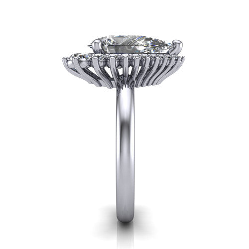 Matilda pear halo engagement ring in 14K White Gold, side profile showing the fluted crown basket, sunburst halo, and slim polished band
