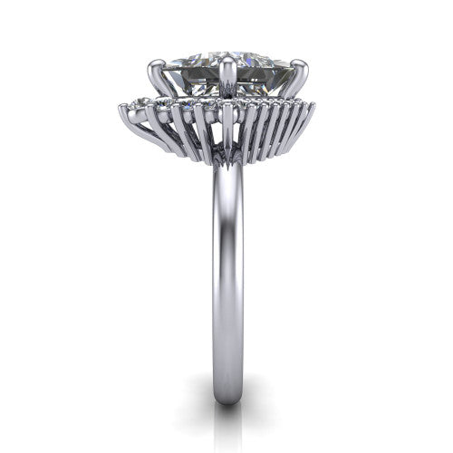 Matilda princess halo engagement ring in 18K White Gold, side profile showing the fluted crown basket, sunburst halo, and slim polished band
