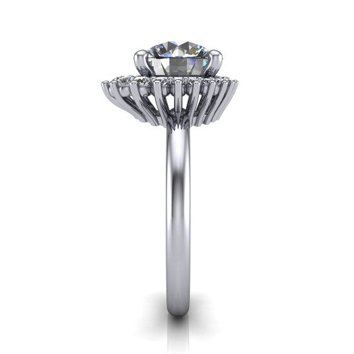 Matilda round halo engagement ring in Platinum, side profile showing the fluted crown basket, sunburst halo, and slim polished band