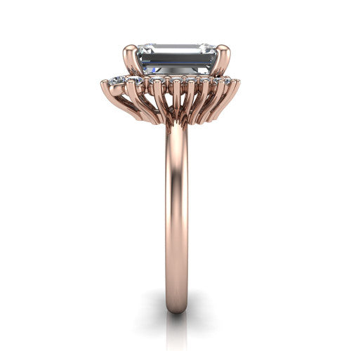 Matilda emerald halo engagement ring in 18K Rose Gold, side profile showing the fluted crown basket, sunburst halo, and slim polished band