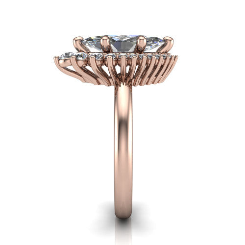 Matilda marquise halo engagement ring in 18K Rose Gold, side profile showing the fluted crown basket, sunburst halo, and slim polished band