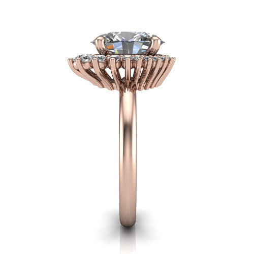 Matilda oval halo engagement ring in 18K Rose Gold, side profile showing the fluted crown basket, sunburst halo, and slim polished band
