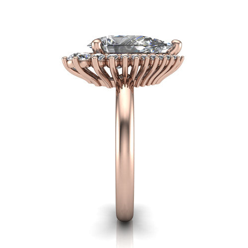 Matilda pear halo engagement ring in 14K Rose Gold, side profile showing the fluted crown basket, sunburst halo, and slim polished band