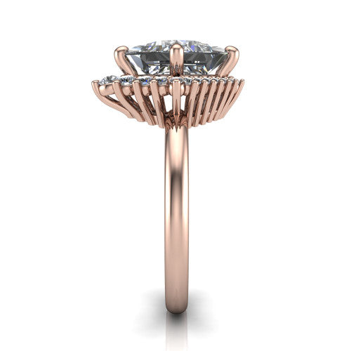 Matilda princess halo engagement ring in 18K Rose Gold, side profile showing the fluted crown basket, sunburst halo, and slim polished band