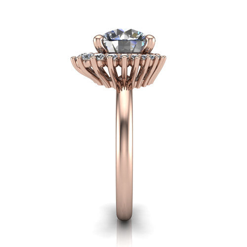 Matilda round halo engagement ring in 14K Rose Gold, top-down view showing the brilliant round center diamond surrounded by sunburst rays and clusters of small round accent diamonds