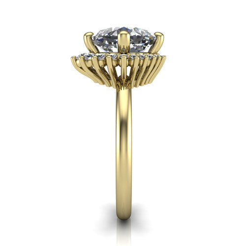 Matilda cushion halo engagement ring in 14K Yellow Gold, through-finger front profile showing the sunburst halo head and tall crown cathedral basket