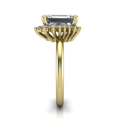 Matilda emerald halo engagement ring in 14K Yellow Gold, side profile showing the fluted crown basket, sunburst halo, and slim polished band