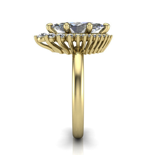 Matilda marquise halo engagement ring in 14K Yellow Gold, side profile showing the fluted crown basket, sunburst halo, and slim polished band