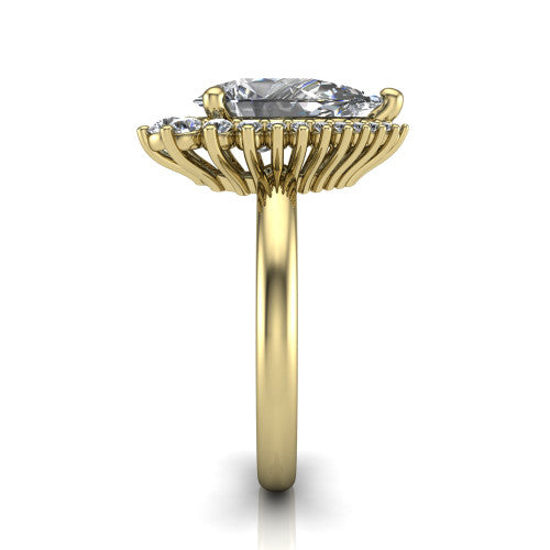 Matilda pear halo engagement ring in 14K Yellow Gold, side profile showing the fluted crown basket, sunburst halo, and slim polished band