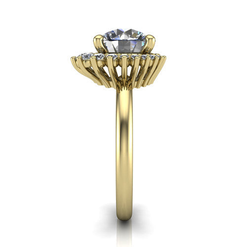 Matilda round halo engagement ring in 14K Yellow Gold, side profile showing the fluted crown basket, sunburst halo, and slim polished band