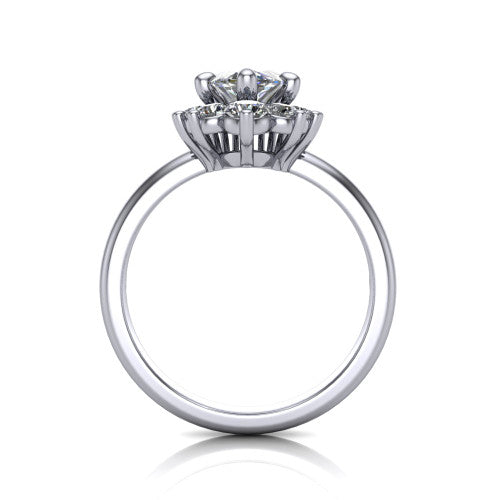 Matilda marquise halo engagement ring in 18K White Gold, through-finger front profile showing the sunburst halo head and tall crown cathedral basket
