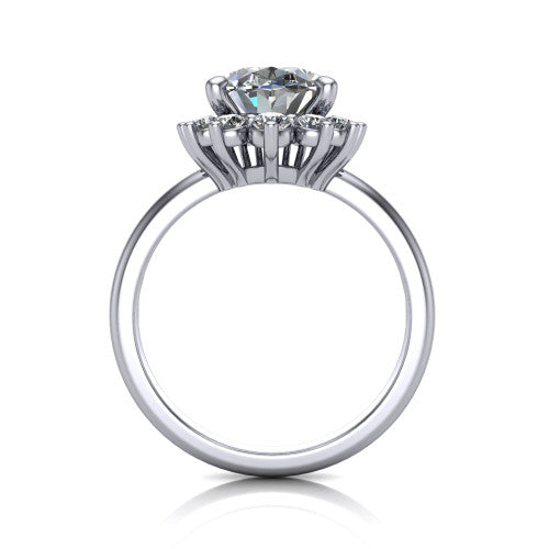 Matilda oval halo engagement ring in Platinum, through-finger front profile showing the sunburst halo head and tall crown cathedral basket
