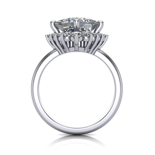 Matilda princess halo engagement ring in 14K White Gold, through-finger front profile showing the sunburst halo head and tall crown cathedral basket