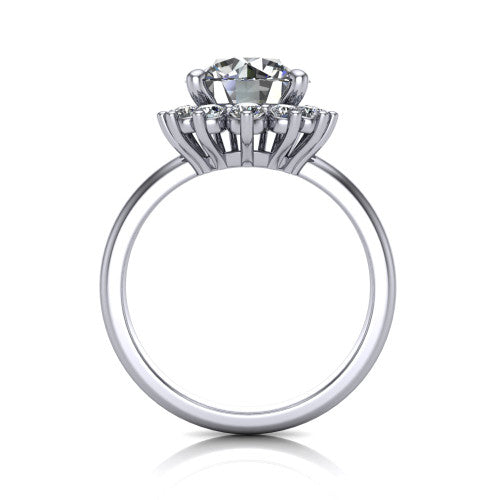 Matilda round halo engagement ring in 14K White Gold, through-finger front profile showing the sunburst halo head and tall crown cathedral basket