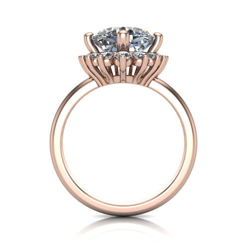 Matilda cushion halo engagement ring in 14K Rose Gold, through-finger front profile showing the sunburst halo head and tall crown cathedral basket