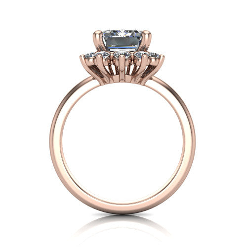 Matilda emerald halo engagement ring in 18K Rose Gold, through-finger front profile showing the sunburst halo head and tall crown cathedral basket