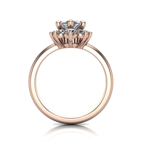 Matilda marquise halo engagement ring in 14K Rose Gold, through-finger front profile showing the sunburst halo head and tall crown cathedral basket